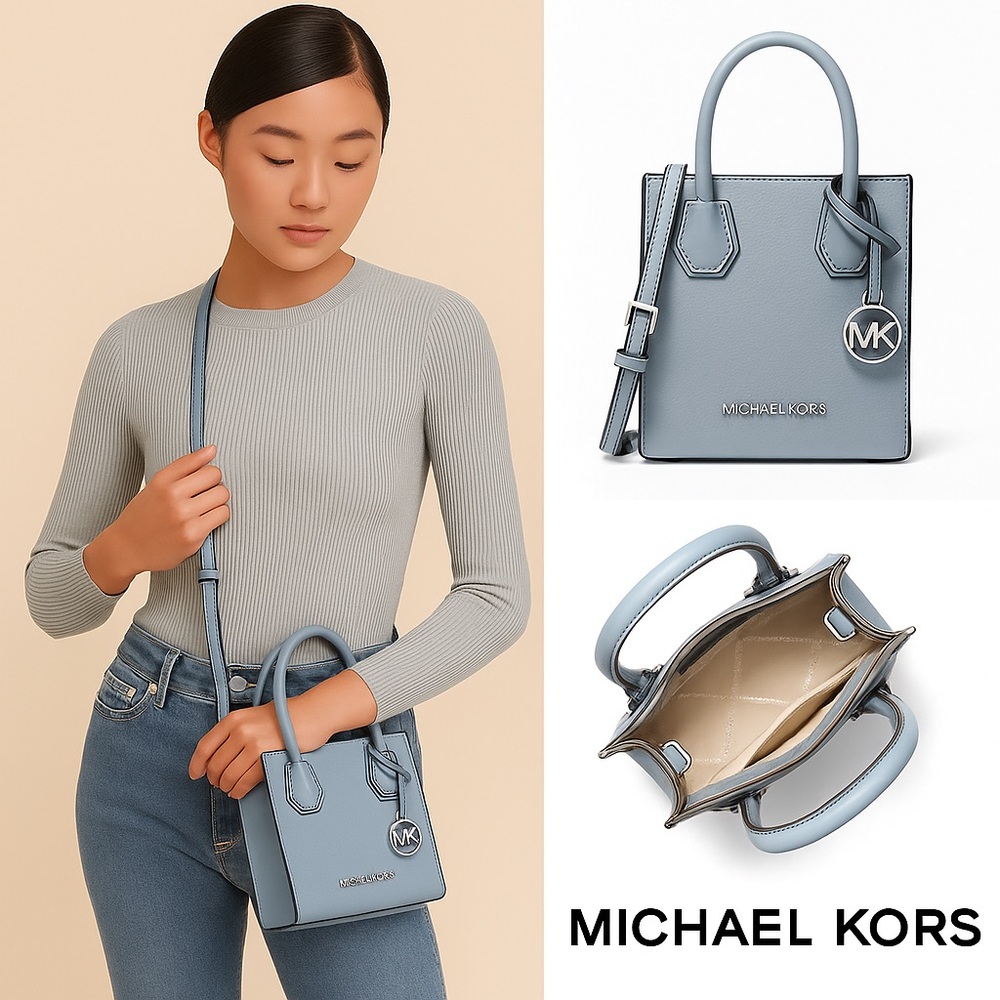 Michael Kors Light Blue Mini Crossbody Pebbled Tote Leather Bag in Blue NWT